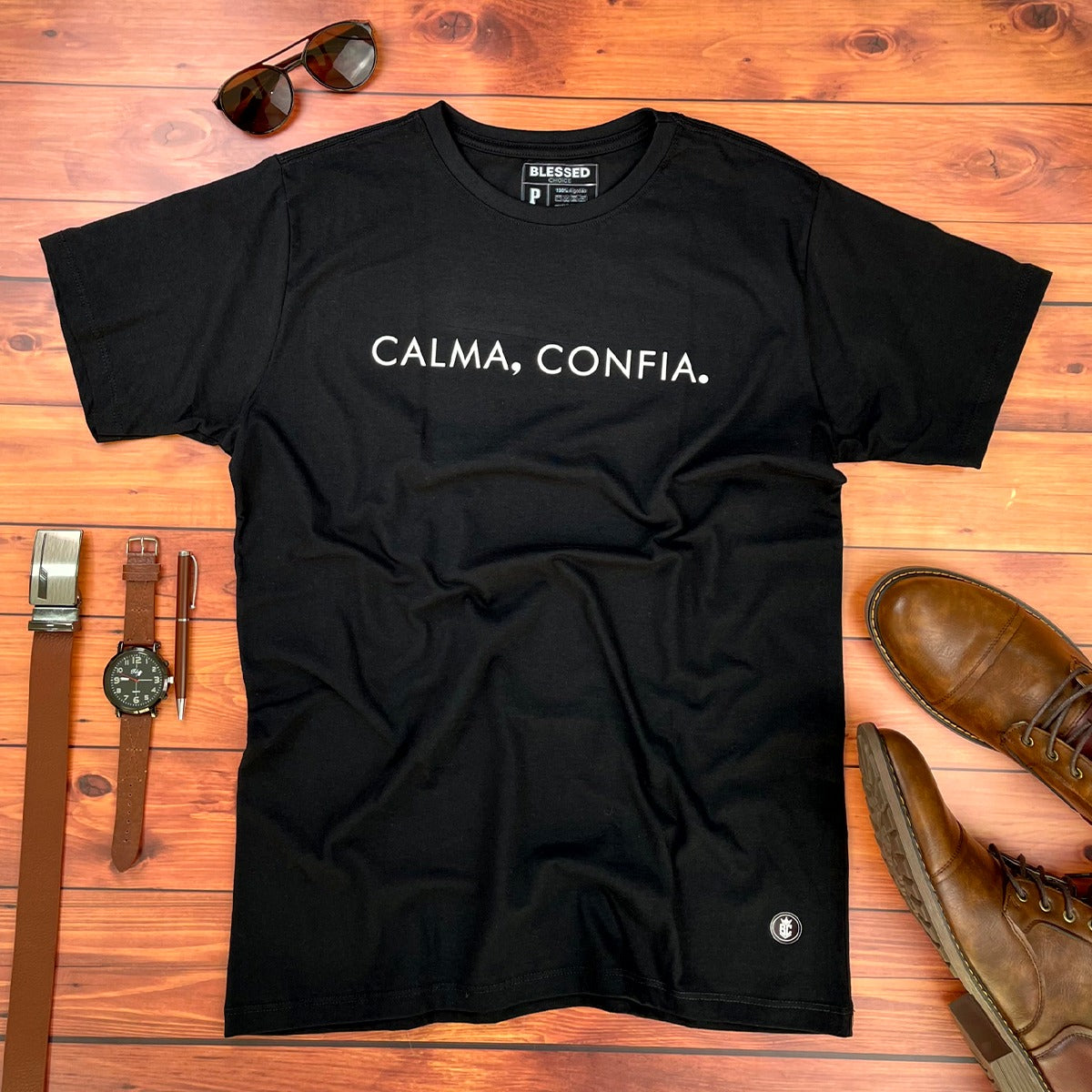 Camiseta Masculina Preta Calma, Confia.